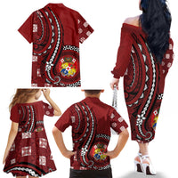 Personalized Tonga Ngatu Family Matching Off The Shoulder Long Sleeve Dress and Hawaiian Shirt Iconic Red Manulua Motifs
