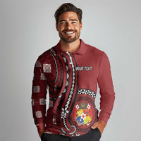 Personalized Tonga Ngatu Long Sleeve Polo Shirt Iconic Red Manulua Motifs LT7 - Polynesian Pride