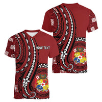 Personalized Tonga Ngatu Women V-Neck T-Shirt Iconic Red Manulua Motifs LT7 - Polynesian Pride