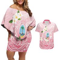 Guam Fishhook Mix Guasali Flowers Couples Matching Off Shoulder Short Dress and Hawaiian Shirt Dreaming Coral