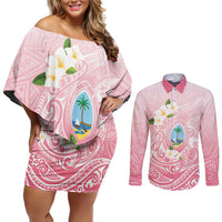 Guam Fishhook Mix Guasali Flowers Couples Matching Off Shoulder Short Dress and Long Sleeve Button Shirt Dreaming Coral LT7 Pink - Polynesian Pride