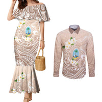 Guam Fishhook Mix Guasali Flowers Couples Matching Mermaid Dress and Long Sleeve Button Shirt Dreaming Hazel LT7 Beige - Polynesian Pride