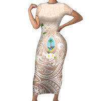 Guam Fishhook Mix Guasali Flowers Family Matching Short Sleeve Bodycon Dress and Hawaiian Shirt Dreaming Hazel LT7 Mom's Dress Beige - Polynesian Pride