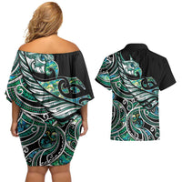 Maori Matariki - Manaia Couples Matching Off Shoulder Short Dress and Hawaiian Shirt Emerald Paua Shell LT7 - Polynesian Pride