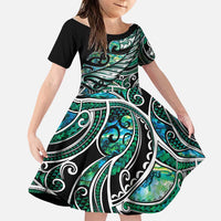 Maori Matariki - Manaia Family Matching Off The Shoulder Long Sleeve Dress and Hawaiian Shirt Emerald Paua Shell