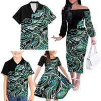 Maori Matariki - Manaia Family Matching Off The Shoulder Long Sleeve Dress and Hawaiian Shirt Emerald Paua Shell