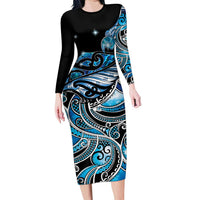 Maori Matariki - Manaia Family Matching Long Sleeve Bodycon Dress and Hawaiian Shirt Galaxy Blue Paua Shell
