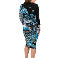 Maori Matariki - Manaia Family Matching Long Sleeve Bodycon Dress and Hawaiian Shirt Galaxy Blue Paua Shell