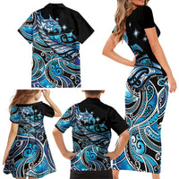 Maori Matariki - Manaia Family Matching Short Sleeve Bodycon Dress and Hawaiian Shirt Galaxy Blue Paua Shell