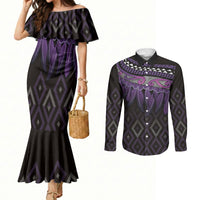 Aotearoa Maori Ngati Porou Iwi Couples Matching Mermaid Dress and Long Sleeve Button Shirt Korowai Tukutuku Kaokao Motifs