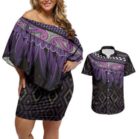 Aotearoa Maori Ngati Porou Iwi Couples Matching Off Shoulder Short Dress and Hawaiian Shirt Korowai Tukutuku Kaokao Motifs