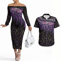 Aotearoa Maori Ngati Porou Iwi Couples Matching Off The Shoulder Long Sleeve Dress and Hawaiian Shirt Korowai Tukutuku Kaokao Motifs