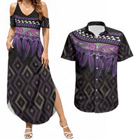 Aotearoa Maori Ngati Porou Iwi Couples Matching Summer Maxi Dress and Hawaiian Shirt Korowai Tukutuku Kaokao Motifs