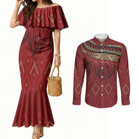 Aotearoa Maori Waikato Tainui Iwi Couples Matching Mermaid Dress and Long Sleeve Button Shirt Korowai Tukutuku Kaokao Motifs