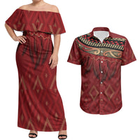Aotearoa Maori Waikato Tainui Iwi Couples Matching Off Shoulder Maxi Dress and Hawaiian Shirt Korowai Tukutuku Kaokao Motifs