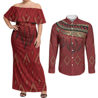 Aotearoa Maori Waikato Tainui Iwi Couples Matching Off Shoulder Maxi Dress and Long Sleeve Button Shirt Korowai Tukutuku Kaokao Motifs