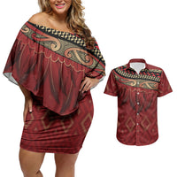 Aotearoa Maori Waikato Tainui Iwi Couples Matching Off Shoulder Short Dress and Hawaiian Shirt Korowai Tukutuku Kaokao Motifs