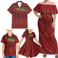 Aotearoa Maori Waikato Tainui Iwi Family Matching Off Shoulder Maxi Dress and Hawaiian Shirt Korowai Tukutuku Kaokao Motifs