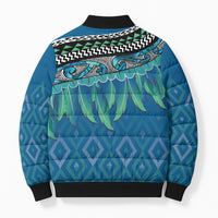 Aotearoa Maori Ngati Kahungunu Iwi Paua Blue Bomber Puffer Jacket Korowai Tukutuku Kaokao Motifs