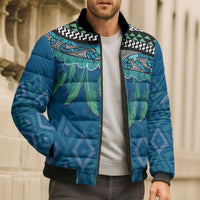 Aotearoa Maori Ngati Kahungunu Iwi Paua Blue Bomber Puffer Jacket Korowai Tukutuku Kaokao Motifs