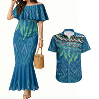 Aotearoa Maori Ngati Kahungunu Iwi Paua Blue Couples Matching Mermaid Dress and Hawaiian Shirt Korowai Tukutuku Kaokao Motifs