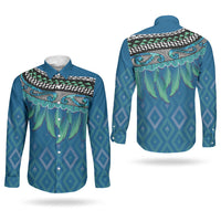 Aotearoa Maori Ngati Kahungunu Iwi Paua Blue Couples Matching Mermaid Dress and Long Sleeve Button Shirt Korowai Tukutuku Kaokao Motifs