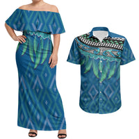 Aotearoa Maori Ngati Kahungunu Iwi Paua Blue Couples Matching Off Shoulder Maxi Dress and Hawaiian Shirt Korowai Tukutuku Kaokao Motifs
