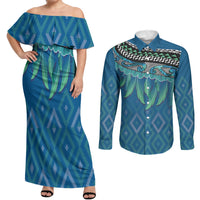 Aotearoa Maori Ngati Kahungunu Iwi Paua Blue Couples Matching Off Shoulder Maxi Dress and Long Sleeve Button Shirt Korowai Tukutuku Kaokao Motifs