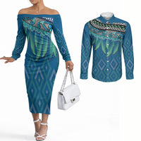 Aotearoa Maori Ngati Kahungunu Iwi Paua Blue Couples Matching Off The Shoulder Long Sleeve Dress and Long Sleeve Button Shirt Korowai Tukutuku Kaokao Motifs