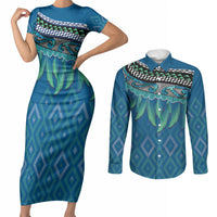Aotearoa Maori Ngati Kahungunu Iwi Paua Blue Couples Matching Short Sleeve Bodycon Dress and Long Sleeve Button Shirt Korowai Tukutuku Kaokao Motifs