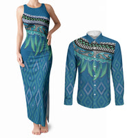 Aotearoa Maori Ngati Kahungunu Iwi Paua Blue Couples Matching Tank Maxi Dress and Long Sleeve Button Shirt Korowai Tukutuku Kaokao Motifs