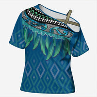 Aotearoa Maori Ngati Kahungunu Iwi Paua Blue Cross Shoulder Shirt Korowai Tukutuku Kaokao Motifs