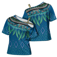 Aotearoa Maori Ngati Kahungunu Iwi Paua Blue Cross Shoulder Shirt Korowai Tukutuku Kaokao Motifs