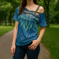 Aotearoa Maori Ngati Kahungunu Iwi Paua Blue Cross Shoulder Shirt Korowai Tukutuku Kaokao Motifs