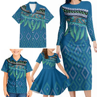 Aotearoa Maori Ngati Kahungunu Iwi Paua Blue Family Matching Long Sleeve Bodycon Dress and Hawaiian Shirt Korowai Tukutuku Kaokao Motifs