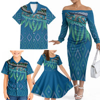 Aotearoa Maori Ngati Kahungunu Iwi Paua Blue Family Matching Off The Shoulder Long Sleeve Dress and Hawaiian Shirt Korowai Tukutuku Kaokao Motifs
