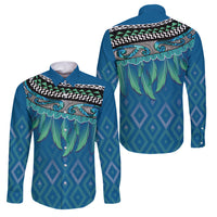 Aotearoa Maori Ngati Kahungunu Iwi Paua Blue Family Matching Off The Shoulder Long Sleeve Dress and Hawaiian Shirt Korowai Tukutuku Kaokao Motifs