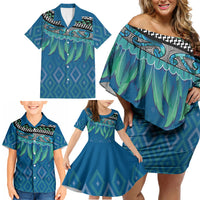 Aotearoa Maori Ngati Kahungunu Iwi Paua Blue Family Matching Off Shoulder Short Dress and Hawaiian Shirt Korowai Tukutuku Kaokao Motifs