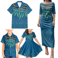 Aotearoa Maori Ngati Kahungunu Iwi Paua Blue Family Matching Puletasi and Hawaiian Shirt Korowai Tukutuku Kaokao Motifs