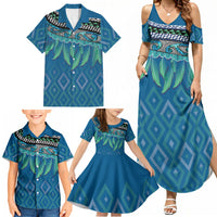 Aotearoa Maori Ngati Kahungunu Iwi Paua Blue Family Matching Summer Maxi Dress and Hawaiian Shirt Korowai Tukutuku Kaokao Motifs