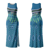 Aotearoa Maori Ngati Kahungunu Iwi Paua Blue Family Matching Tank Maxi Dress and Hawaiian Shirt Korowai Tukutuku Kaokao Motifs