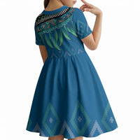 Aotearoa Maori Ngati Kahungunu Iwi Paua Blue Kid Short Sleeve Dress Korowai Tukutuku Kaokao Motifs