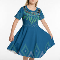Aotearoa Maori Ngati Kahungunu Iwi Paua Blue Kid Short Sleeve Dress Korowai Tukutuku Kaokao Motifs