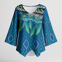 Aotearoa Maori Ngati Kahungunu Iwi Paua Blue Kimono Sleeve Blouse Korowai Tukutuku Kaokao Motifs