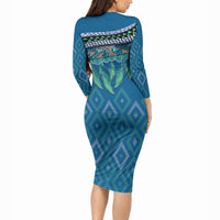 Aotearoa Maori Ngati Kahungunu Iwi Paua Blue Long Sleeve Bodycon Dress Korowai Tukutuku Kaokao Motifs