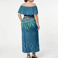 Aotearoa Maori Ngati Kahungunu Iwi Paua Blue Off Shoulder Maxi Dress Korowai Tukutuku Kaokao Motifs