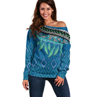Aotearoa Maori Ngati Kahungunu Iwi Paua Blue Off Shoulder Sweater Korowai Tukutuku Kaokao Motifs