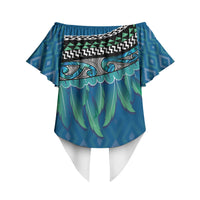 Aotearoa Maori Ngati Kahungunu Iwi Paua Blue Off Shoulder Wrap Waist Top Korowai Tukutuku Kaokao Motifs