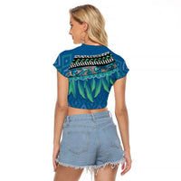 Aotearoa Maori Ngati Kahungunu Iwi Paua Blue Raglan Cropped T Shirt Korowai Tukutuku Kaokao Motifs