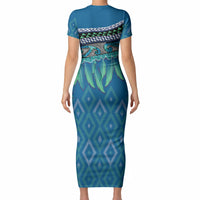 Aotearoa Maori Ngati Kahungunu Iwi Paua Blue Short Sleeve Bodycon Dress Korowai Tukutuku Kaokao Motifs